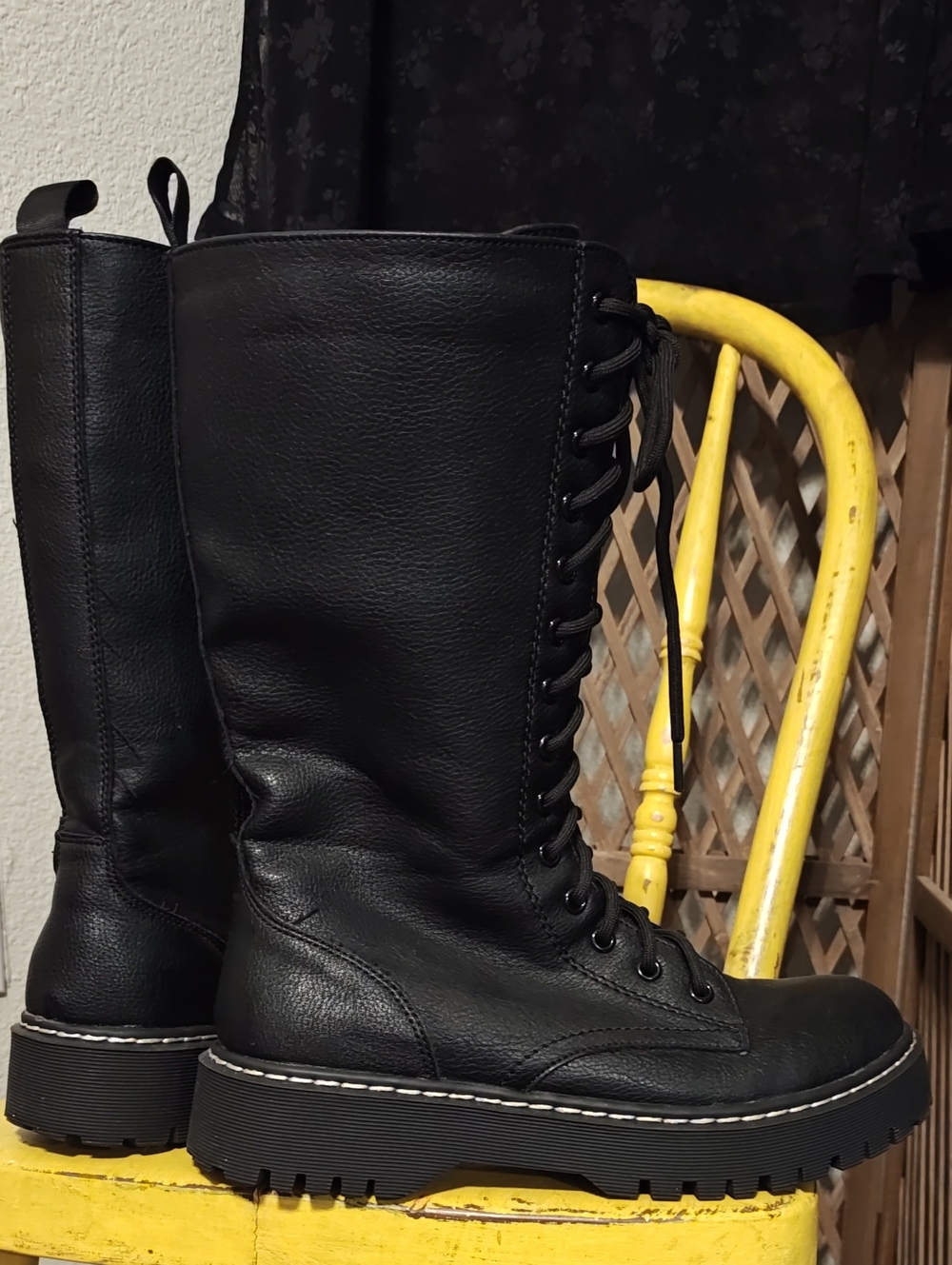 Mix No. 6 Black Lace-Up Combat Boots - Classic Women's Leather Knee-High